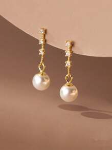 1對時尚立體鑽石裝飾人工合成珍珠銀色垂墜耳環，適用於女士日常裝飾、婚禮訂婚新娘珠寶飾品、假日配戴 - 金色 - 查看 3