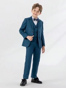 4 件套男童绅士西装套装：夹克、背心、裤子、领结，优雅简约，适合节日、典礼和日常活动 - 綠色 - 查看 3