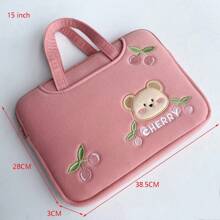 便携式粉色樱桃电脑包，卡通刺绣熊便携式笔记本电脑内胆包，大容量保护套，适用于 11/14 英寸苹果笔记本，秋季大学必备笔记本电脑包，女士 Mac Book 保护套，返校 - 粉色 - 查看 5