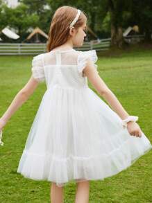 Tween Girl Summer Mesh Fairy Princess Puffy Dress - White - View 3
