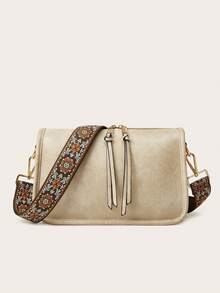 復古桶包,經典十字背包,帶復古幾何圖案的女士百搭包,圖案拉鍊斜挎包,寬帶時尚肩包,大容量日常手提包 - 白色 - 查看 3