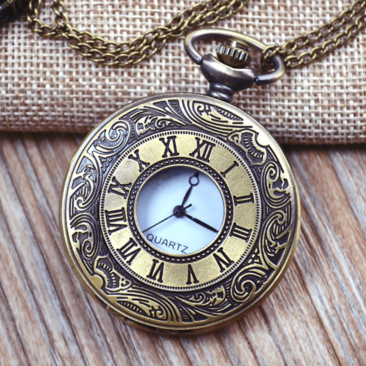 Vintage Pocket Watch Necklace For Men, Arabic Numerals With Chain - Bronze - View 1