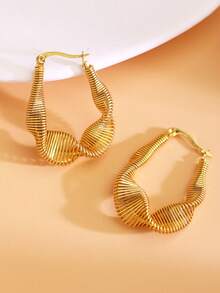 1 bộ 2 chiếc/Hoa tai thép không gỉ thiết kế hình elip bất đối xứng thời trang cá nhân hóa mạ vàng 18k, thích hợp cho các quý cô đeo khi dự tiệc hoặc đi làm - Vàng - Xem 6