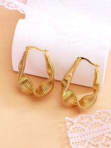 1 bộ 2 chiếc/Hoa tai thép không gỉ thiết kế hình elip bất đối xứng thời trang cá nhân hóa mạ vàng 18k, thích hợp cho các quý cô đeo khi dự tiệc hoặc đi làm - Vàng - Xem 2