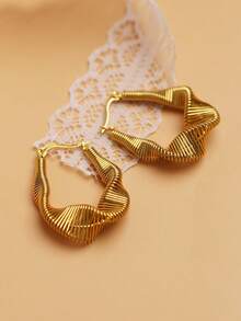 1 bộ 2 chiếc/Hoa tai thép không gỉ thiết kế hình elip bất đối xứng thời trang cá nhân hóa mạ vàng 18k, thích hợp cho các quý cô đeo khi dự tiệc hoặc đi làm - Vàng - Xem 5