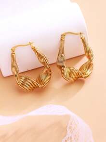 1 bộ 2 chiếc/Hoa tai thép không gỉ thiết kế hình elip bất đối xứng thời trang cá nhân hóa mạ vàng 18k, thích hợp cho các quý cô đeo khi dự tiệc hoặc đi làm - Vàng - Xem 3