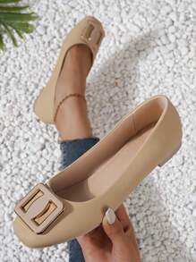 Của phụ nữ Mũi vuông Giày phẳng Với Khóa , Giải trí & Thiết kế đơn giản , Ánh sáng Màu Quả mơ Màu sắc - Màu be - Xem 1