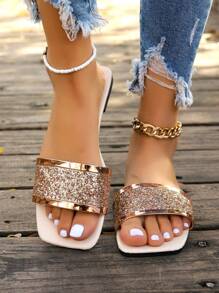 女士秋冬水晶亮片水钻拖鞋，金色凉拖，时尚轻便平底软底绑带凉鞋，室内外皆宜，舒适休闲沙滩鞋，女神风