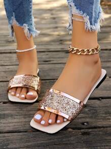女士秋冬水晶亮片水钻拖鞋，金色凉拖，时尚轻便平底软底绑带凉鞋，室内外皆宜，舒适休闲沙滩鞋，女神风