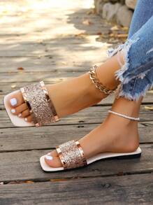女士秋冬水晶亮片水钻拖鞋，金色凉拖，时尚轻便平底软底绑带凉鞋，室内外皆宜，舒适休闲沙滩鞋，女神风