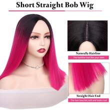 漸變黑色至熱粉色鬆緊波波頭假髮,女士肩長直髮中分防燙（黑色轉粉色） - 玫紅色 - 查看 4