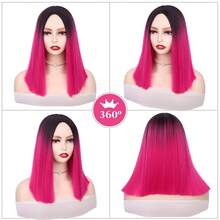 漸變黑色至熱粉色鬆緊波波頭假髮,女士肩長直髮中分防燙（黑色轉粉色） - 玫紅色 - 查看 2