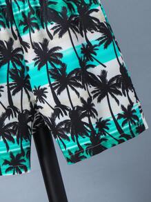 1 套青少年男孩休闲 Polo 领棕榈树印花 T 恤和全幅海滩日落棕榈树印花短裤，春夏 - 彩色 - 查看 6