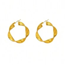1對不鏽鋼鍍金ins風格復古簡約幾何圓形圖案轉繞耳環 - 金色 - 查看 4