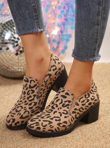 女士實色粗跟短靴,休閒豹紋防滑短靴,女式舒適短靴 - 棕色 - 查看 3