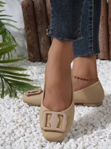 Của phụ nữ Mũi vuông Giày phẳng Với Khóa , Giải trí & Thiết kế đơn giản , Ánh sáng Màu Quả mơ Màu sắc - Màu be - Xem 5