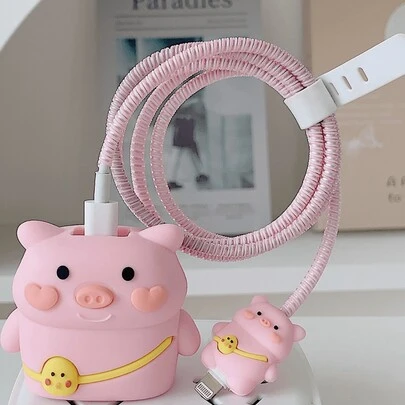 Juego protector lindo para cargador y cable de datos compatible con el cargador Apple de 20 W, que incluye protector de cable, enrollacables y cubierta del enchufe como un set de 4 piezas para protector de cargador