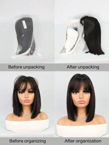 Halloween Costume Wig Bob Wigs Synthetic Heat Resistant Wigs With Bangs Natural Midlle Part Hairline 12inch Natural Black Dark Brown Color Straight Hair Full Machine Made Daily Used For Girl Women Natural Looking Good Quality Synthetic Soft Wigs