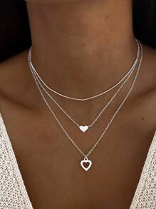 3pcs/2pcs/1pc Stylish Simple Heart, Faux Pearl, Butterfly, Cross Multi-Layered Women Necklace Set, Suitable For Date, Party, Vacation, Everyday Wear, Holiday Gift (Random Pearl Quantity) - Silver - View 1