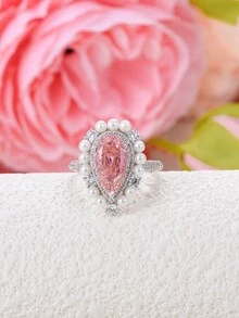 1 Miếng Cao-kết thúc Phong cách Hình quả lê Ngọc trai Giả Đồ trang sức Bạc 925 Nhẫn MẠ Với Bạch kim Màu sắc Đối với phụ nữ , Thích hợp Đối với Các bữa tiệc - Màu Hồng Tươi - Xem 3