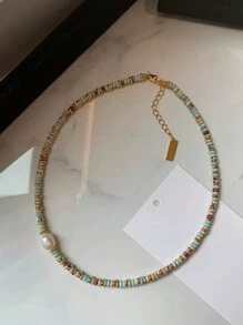 1入組天然色珠狀壽山玉和淡水珍珠墜子項鍊，適合日常佩戴，有著奢華，利基和高端的感覺。