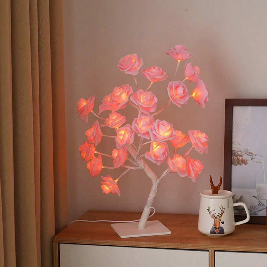 1个玫瑰花灯，24颗LED玫瑰花台灯，适合女孩、女士、青少年家居装饰，卧室、客厅、派对、婚礼、圣诞节、情人节装饰