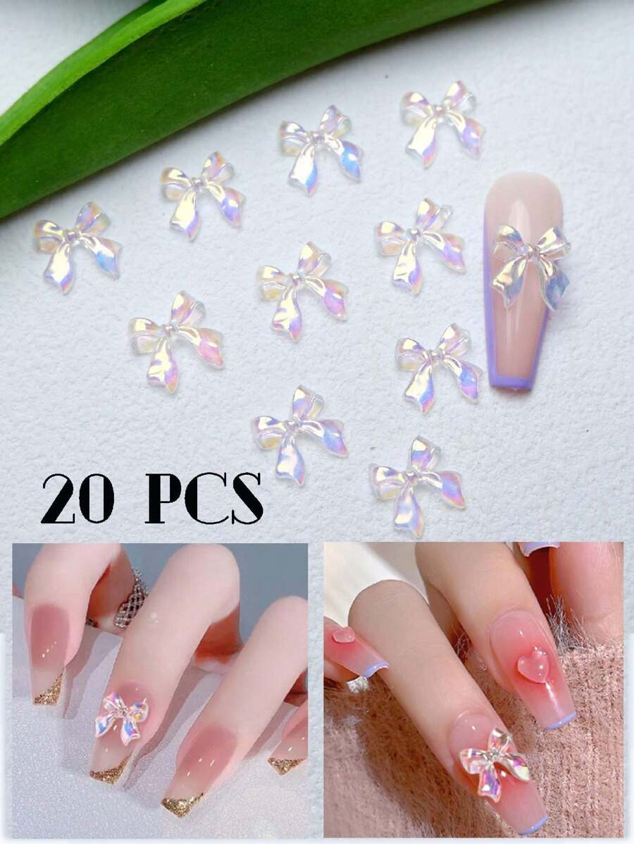 20pcs Y2k Style Silky Ribbon & Bowknot Nail Art Accessories With 3d Rhinestone, Summer Nail Art Decorations And Diy Supplies Nail Charms Nail Gems - Red and White - View 1