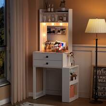 Small Vanity Desk With Mirror,Dresser With 3 Adjustable Lighted  Mirror, Makeup Vanity With Charging Station, Vanity Table With Glass Desktop & 2 Drawers & 4 Open Storage Shelves,White,Spring New Arrivals - trắng - Xem 2