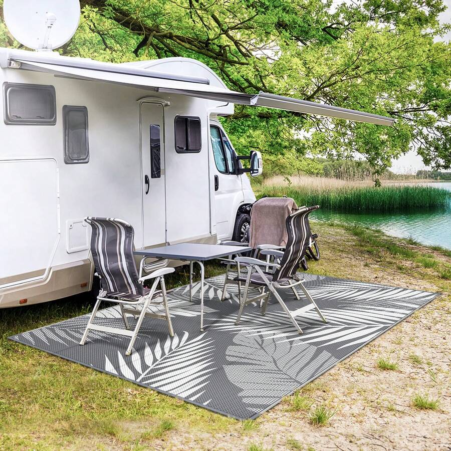 GENIMO Outdoor Rug Waterproof For Patios Clearance, Reversible Outdoor Plastic Straw Camping Rug Carpet, Large Area Rugs Mats For RV, Camper, Deck, Balcony, Porch, Beach, Picnic, Grey&White - 灰白 - 查看 1