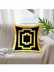 1pc Gold Line Design Geometric Cushion Cover For Home & Office Decoration, Soft Peach Skin Velvet Seat Pad Cover (Pillow Core Not Included) - Gold - View 3