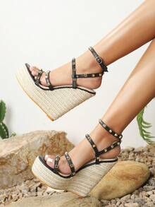 Của phụ nữ Tăng Chiều Cao Dép xăng đan Đối với Ngắn Cô gái , Mới Mùa hè Không thấm nước Nền tảng Rơm rạ Dệt Giày cao gót Phong cách Đen Dép quai hậu - màu đen - Xem 2