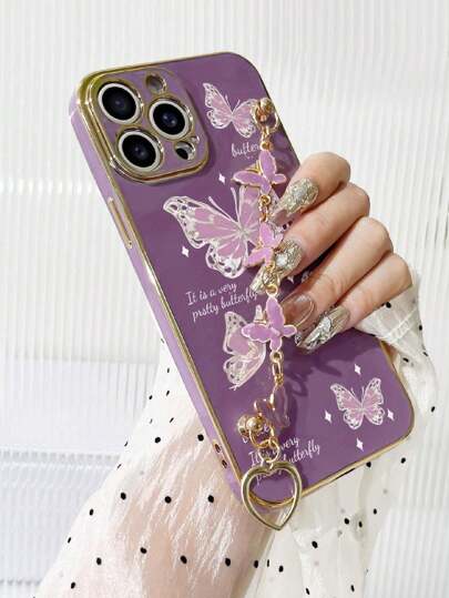 1入紫色鍍層蝴蝶連鎖手鏈及1入紫色鍍層TPU蝴蝶印花防摔手機殼/兼容iPhone/附帶手繩手腕帶/有趣的細型殼/適用於安卓，三星，小米，OPPO/兼容蘋果15 Pro Max/14 Pro Max/Samsung A52 A31 A23 Cases/Redmi Note 11 Pro 4g/Note 12 4g/Oppo A54 Cases