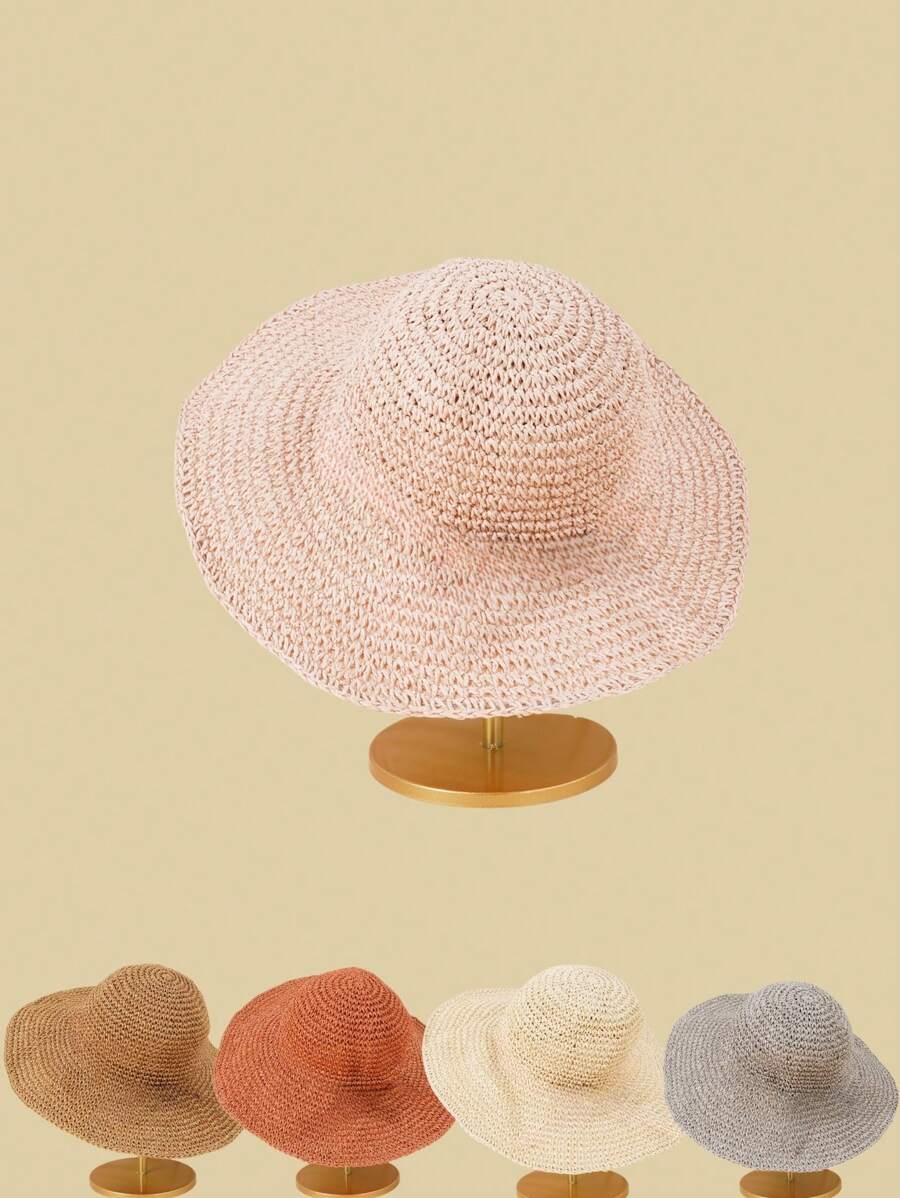 1頂女式手工編織圓頂寬邊遮陽帽,中空設計,時尚實用,適合防曬/海灘/度假,可折疊且便於攜帶 - 草帽 - 查看 1