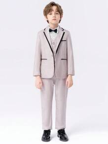 年輕男孩4件禮服套裝：春季西裝外套、背心、長褲、領結 - 灰色 - 查看 4