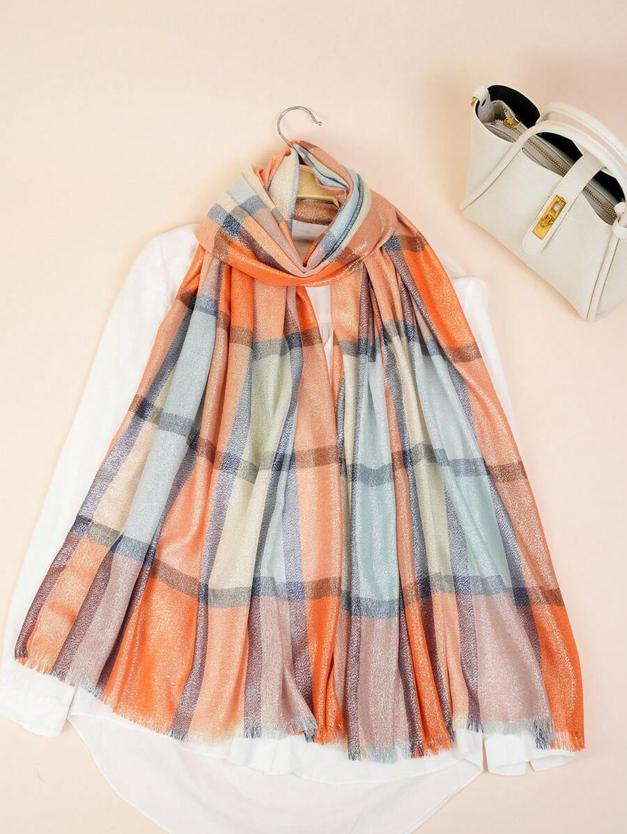 1件女式時尚薄而柔軟的金線格紋披肩,適合日常裝扮和晚會穿著 - 彩色 - 查看 1