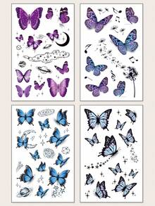 4 件装多色蝴蝶、新月、星星、蒲公英临时纹身贴纸，适用于手腕、肩膀、颈部、锁骨 - 彩色 - 查看 2