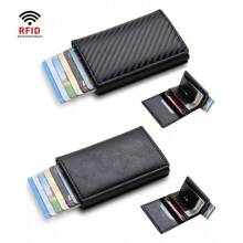 Cartera minimalista para hombre, soporte de tarjeta anti-RFID con monedero para tarjetas de crédito de bloqueo RFID para hombres y mujeres, tarjetero delgado con función bancaria segura, cartera minimalista emergente delgada con tamaño pequeño negro metálico con bloqueo, monedero pequeño con pop up