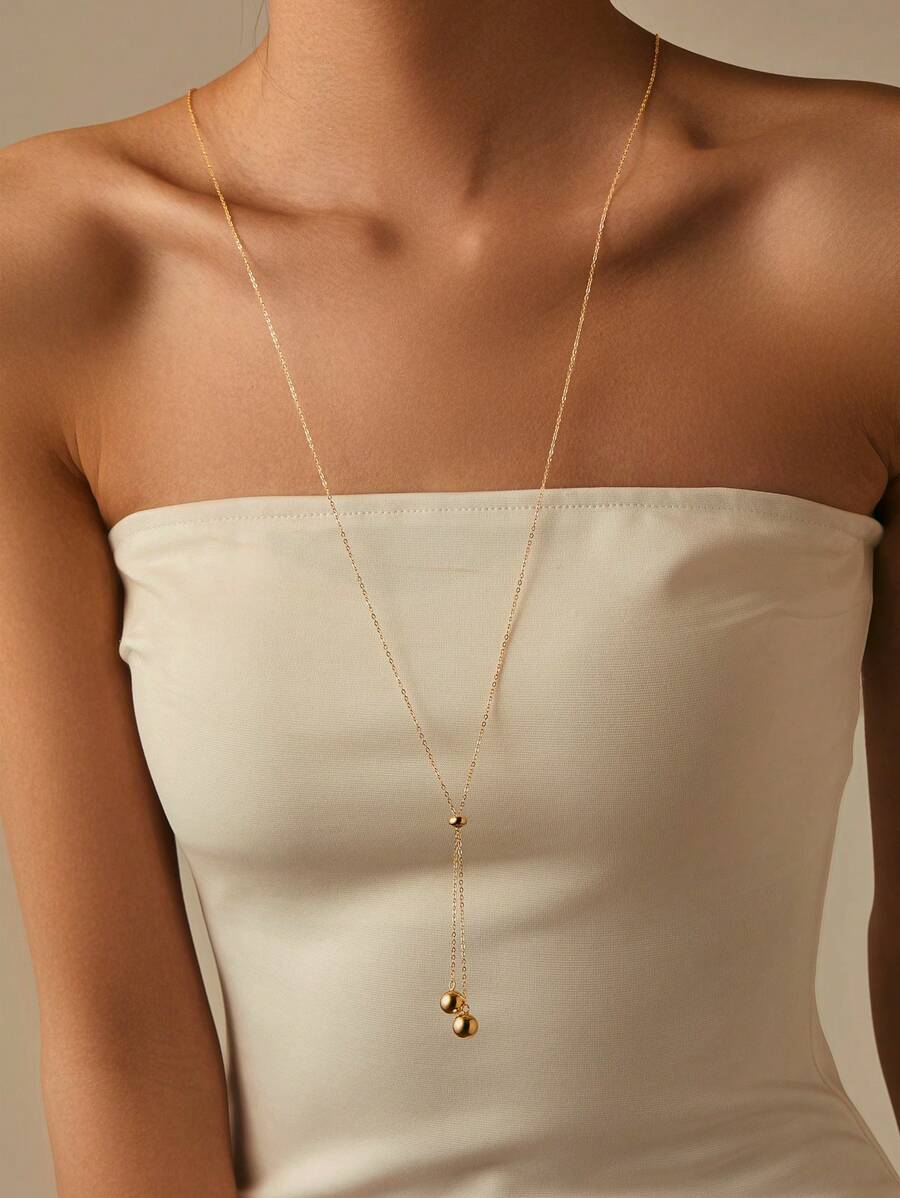 SYMFNY 1pc 925 Sterling Silver Minimalist Round Bead Pendant Adjustable Tassel Hanging Multi-Way Long Necklace Sweater Chain Or Back Chain - Yellow Gold - View 1