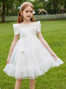 Tween Girl Summer Mesh Fairy Princess Puffy Dress - White - View 6