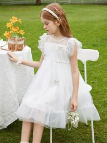 Tween Girl Summer Mesh Fairy Princess Puffy Dress - White - View 10