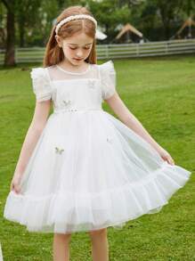 Tween Girl Summer Mesh Fairy Princess Puffy Dress - White - View 5
