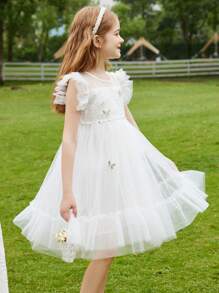 Tween Girl Summer Mesh Fairy Princess Puffy Dress - White - View 4