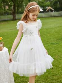 Tween Girl Summer Mesh Fairy Princess Puffy Dress - White - View 8