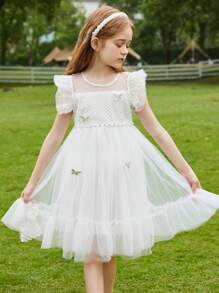 Tween Girl Summer Mesh Fairy Princess Puffy Dress - White - View 11