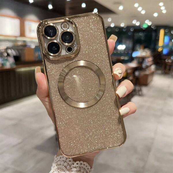 1 Peça Suporte de Telefone Apple, Case Magnética Eletroplateada Cintilante com Protetor de Tela Embutido, Compatível com iPhone 11 12 13 14 15 16 Pro Max, Capa Protetora Corporal Macia e à Prova de Choque