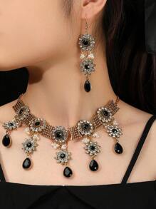 1 套 3 件歐美風格合金水鑽項鍊和耳環套裝適合女士日常佩戴 - 花朵 - 查看 5