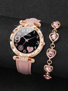 Conjunto de reloj de pulsera de cuarzo con esfera en forma de corazón decorada con rhinestones y pulsera con forma de corazón decorada con rhinestones, un regalo de moda minimalista para estudiantes que vuelven a la escuela en San Valentín - Rosa - Ver 3