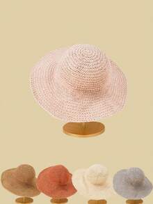 1頂女式手工編織圓頂寬邊遮陽帽,中空設計,時尚實用,適合防曬/海灘/度假,可折疊且便於攜帶 - 草帽 - 查看 8
