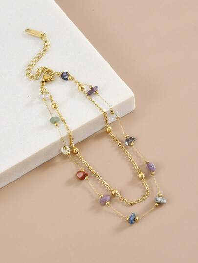 1 件女士天然石不锈钢脚链，夏季海滩脚饰（注意：宝石的形状和大小不对称，可能有颜色差异，并且由于手工制作，宝石的数量和链子的长度可能会有所不同）