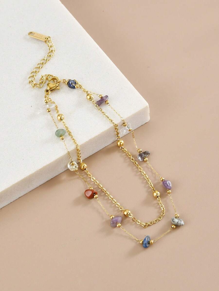 1 chiếc lắc chân bằng thép không gỉ đá tự nhiên dành cho phụ nữ, đồ trang sức đi biển mùa hè (Lưu ý: Đá có hình dạng và kích thước không đối xứng, có thể có sự khác biệt về màu sắc và số lượng đá và chiều dài của chuỗi có thể thay đổi do được làm thủ công)